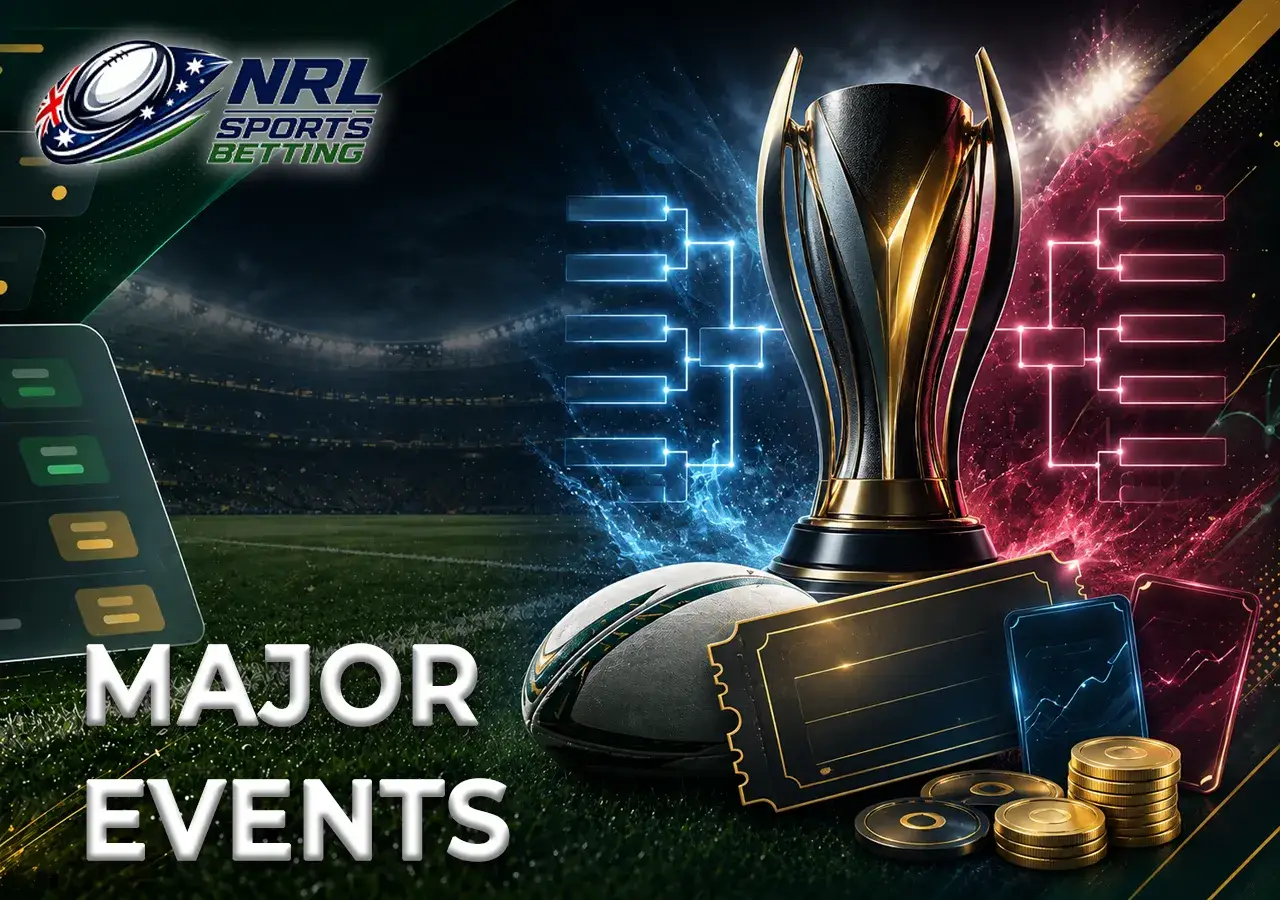 Major rugby league events with trophy, finals bracket, ball and seasonal wager cards